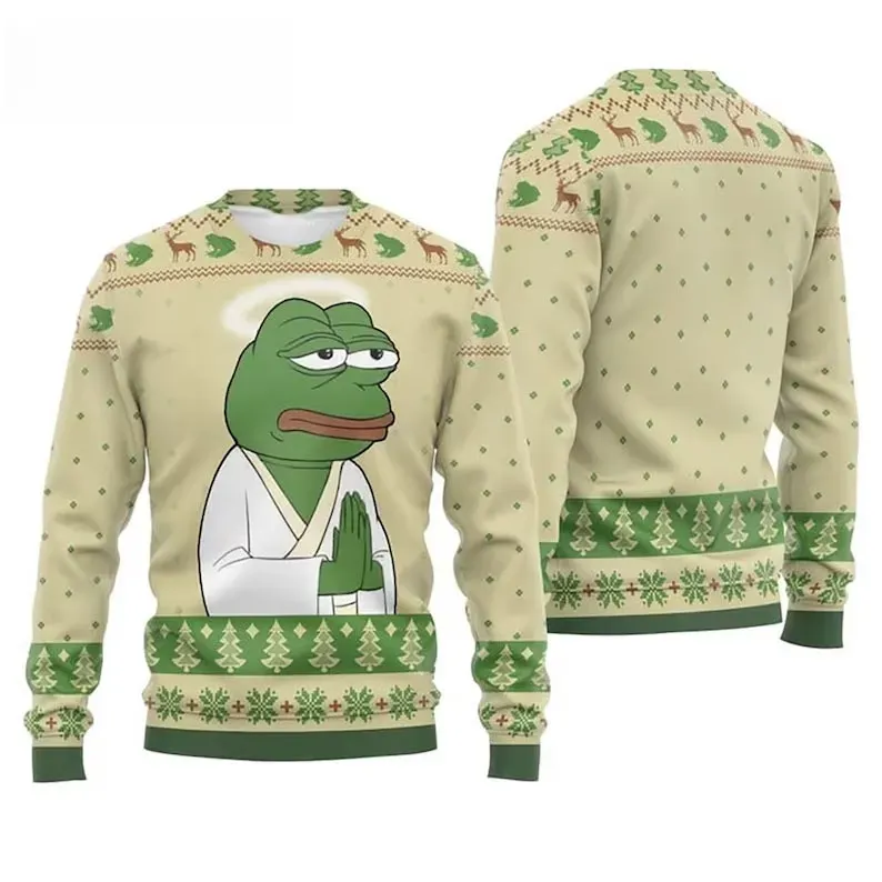 Pepe The Frog Funny Christmas Ugly Sweater, Praying Angel Frog Meme Holiday Sweater, Unisex Beige and Green Xmas Sweatshirt