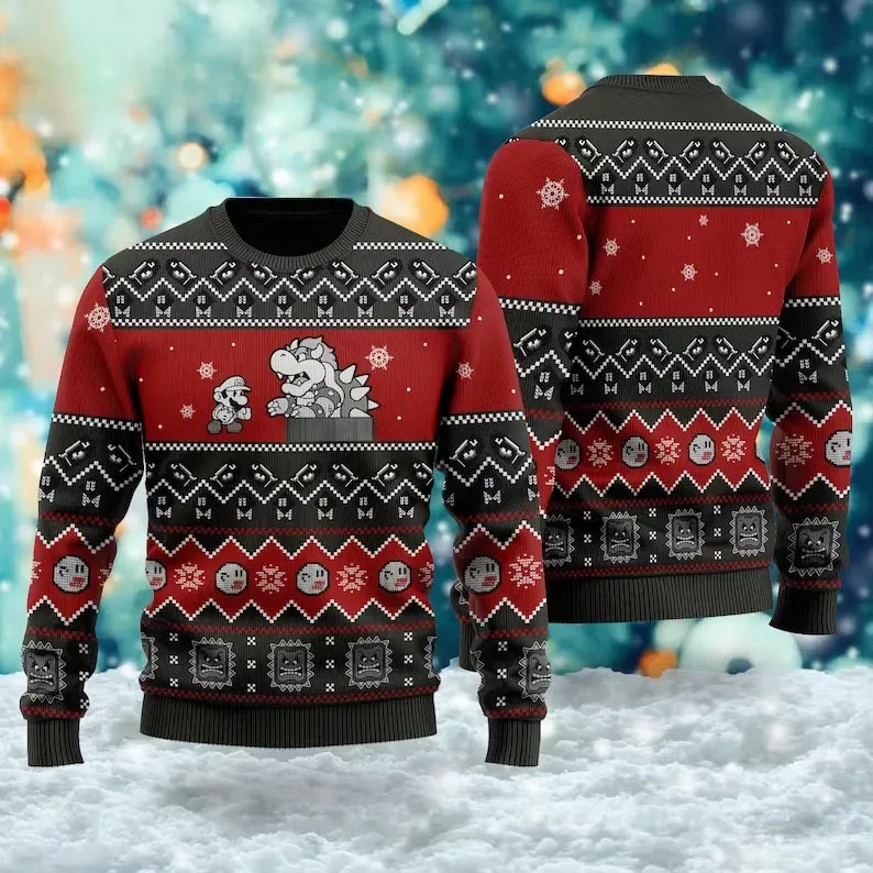 Super Mario and Bowser Ugly Xmas Sweater, Retro Christmas Holiday Sweater, Unisex Red and Black Knit Sweatshirt, Nintendo Video Game Gamer Top