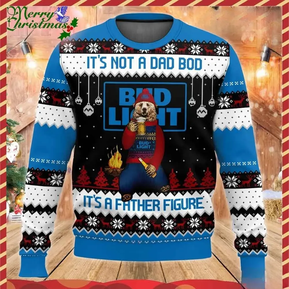 Bud Light It's Not A Dad Bod It's A Father Figure Ugly Sweater, Funny Beer Bear Christmas Holiday Sweater, Unisex Xmas Sweatshirt for Dad