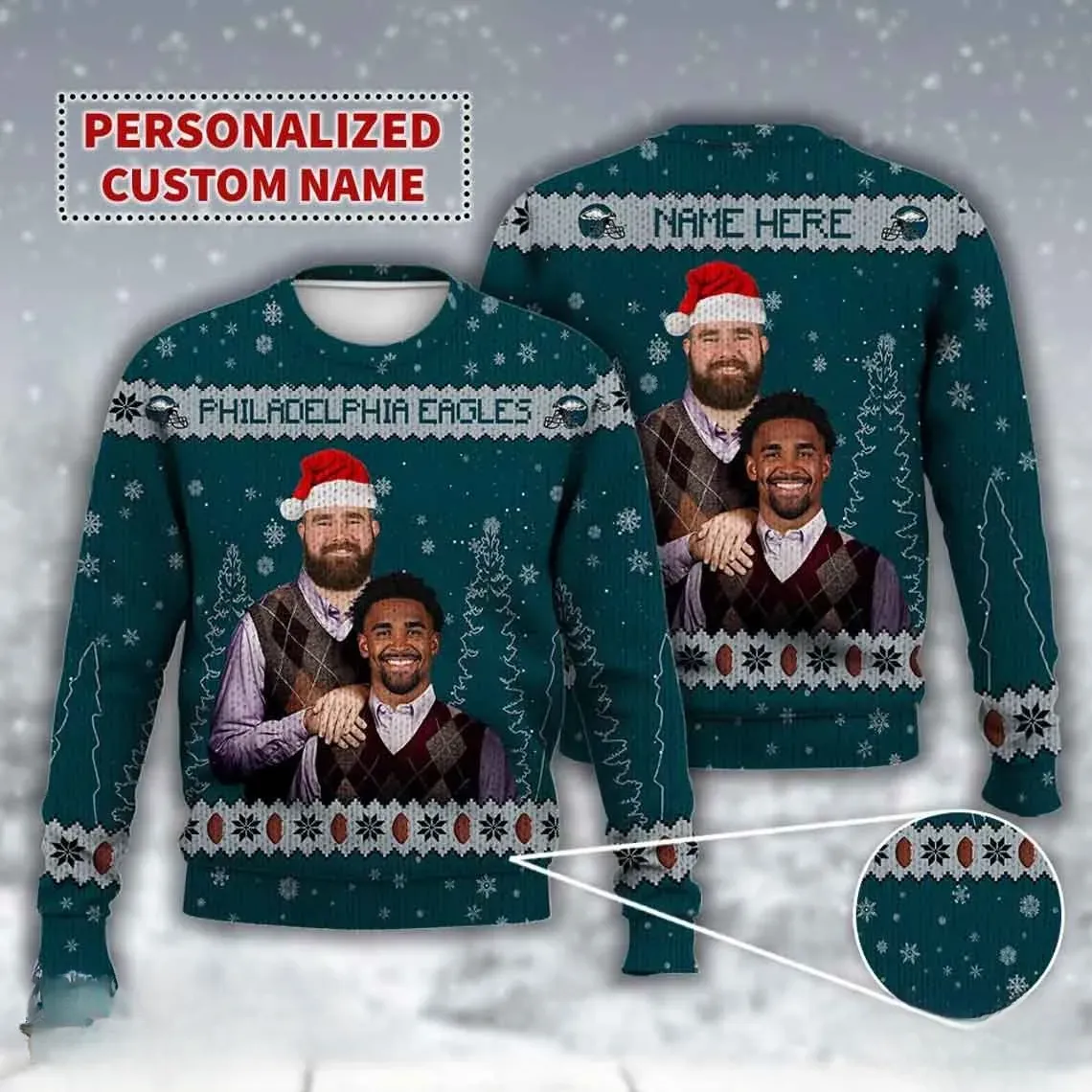 Jason Kelce Jalen Hurts Philadelphia Eagles Custom Name Ugly Sweater, Personalized Football Christmas Holiday Sweater, Unisex NFL Xmas Top