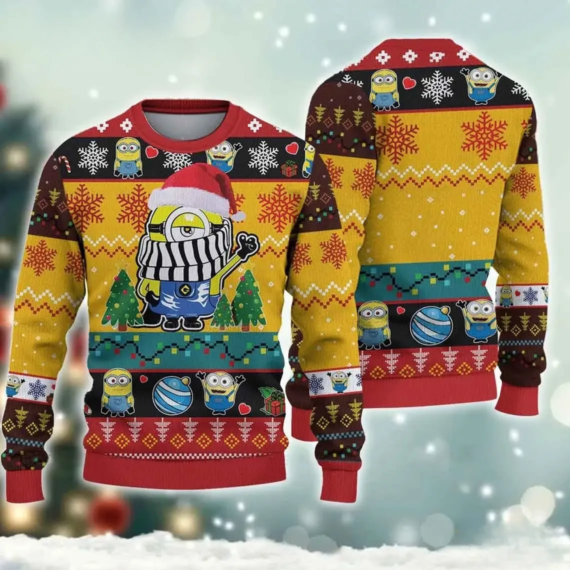 Minions Despicable Me Minion Santa Hat Christmas Ugly Sweater, Yellow and Red Holiday Sweater, Unisex Matching Family Xmas Sweatshirt