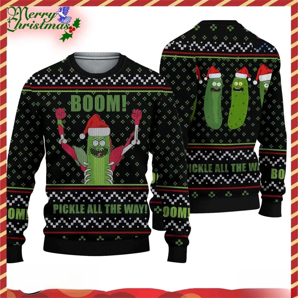 Pickle Rick and Morty Boom Pickle All The Way Christmas Ugly Sweater, Rick And Morty Cartoon Holiday Sweater, Unisex Black Xmas Sweatshirt