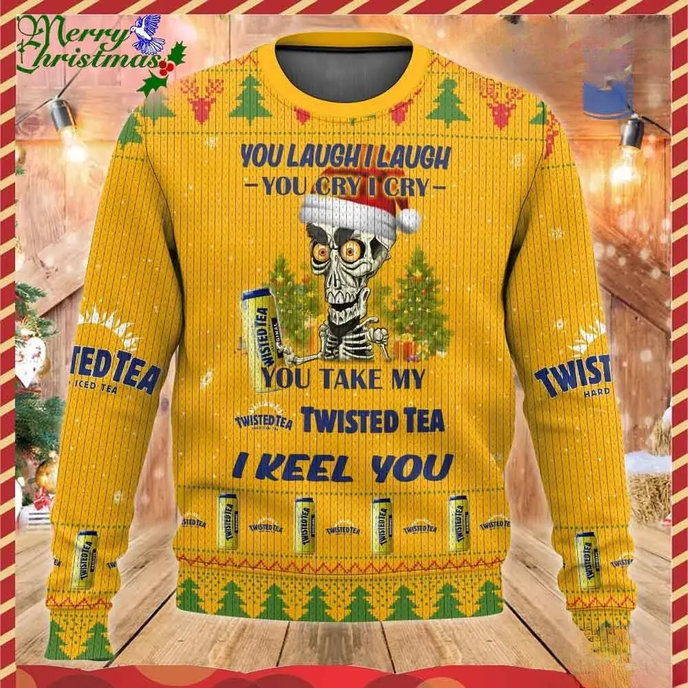 Twisted Tea Funny Skeleton Christmas Ugly Sweater, You Take My Twisted Tea I Keel You Meme Holiday Sweater, Unisex Xmas Party Sweatshirt