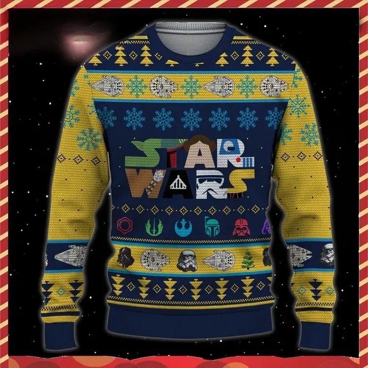 Star Wars Millennium Falcon and Stormtrooper Ugly Christmas Sweater, Navy and Yellow Movie Holiday Sweater, Unisex Sci-Fi Xmas Sweatshirt