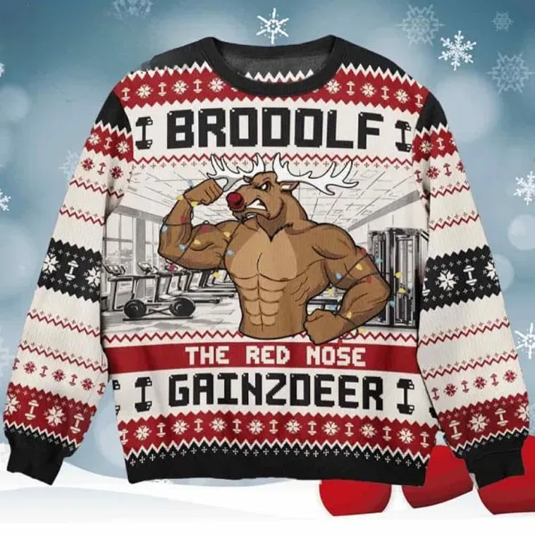 Brodolf The Red Nose Gainzdeer Gymer Christmas Ugly Sweater, Funny Muscle Reindeer Workout Holiday Sweater, Unisex Xmas Top for Gym Lifters
