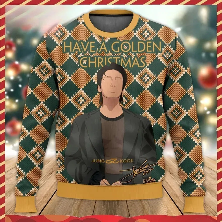 BTS Jungkook Golden Kpop Ugly Christmas Sweater, Green Argyle Holiday Sweater, Unisex Xmas Sweatshirt for ARMY Fans, All Over Print