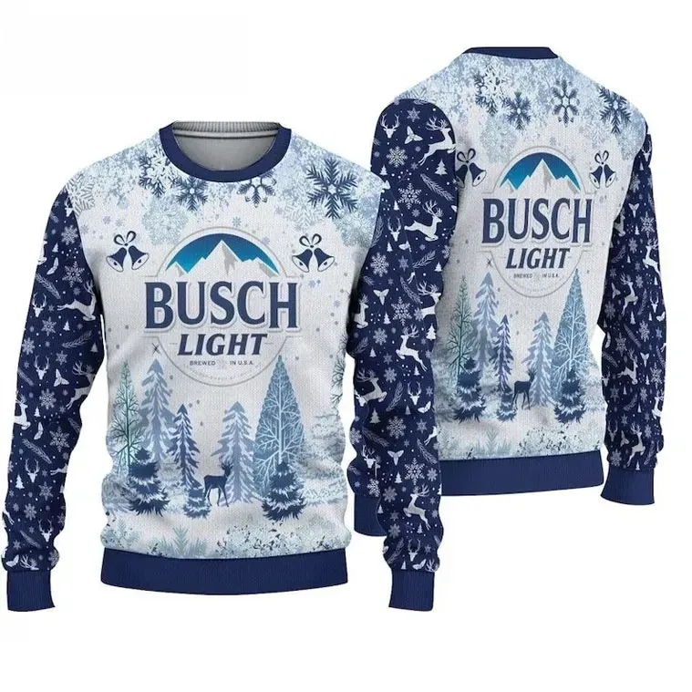 Busch Light Beer Ugly Christmas Sweater, Snowy Pine Forest and Deer Holiday Sweater, Unisex Navy Xmas Party Sweatshirt for Beer Drinkers