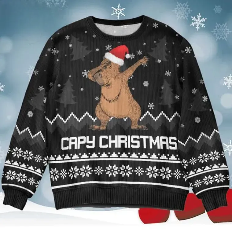 Capybara Capy Christmas Ugly Sweater, Dabbing Rodent in Santa Hat Funny Holiday Sweater, Unisex Black Xmas Sweatshirt for Animal Lovers