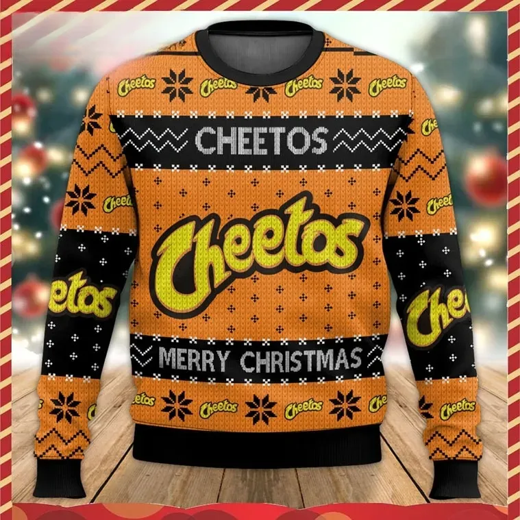 Cheetos Snack Brand Ugly Christmas Sweater, Merry Christmas Orange and Black Knit Holiday Sweater, Unisex Funny Xmas Sweatshirt