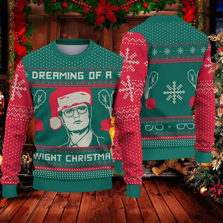 Dreaming Of A Dwight Christmas The Office Ugly Sweater, Dwight Schrute Santa Hat Holiday Sweater, Unisex Sitcom TV Show Xmas Sweatshirt