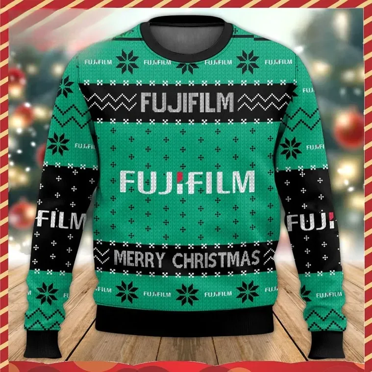 Fujifilm Camera Brand Ugly Christmas Sweater, Merry Christmas Green and Black Knit Pattern Holiday Sweater, Unisex Xmas Top for Photographers