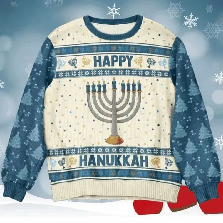 Happy Hanukkah Christmas Ugly Sweater, Blue and Cream Menorah Holiday Sweater, Unisex Jewish Festival Chanukah Sweatshirt