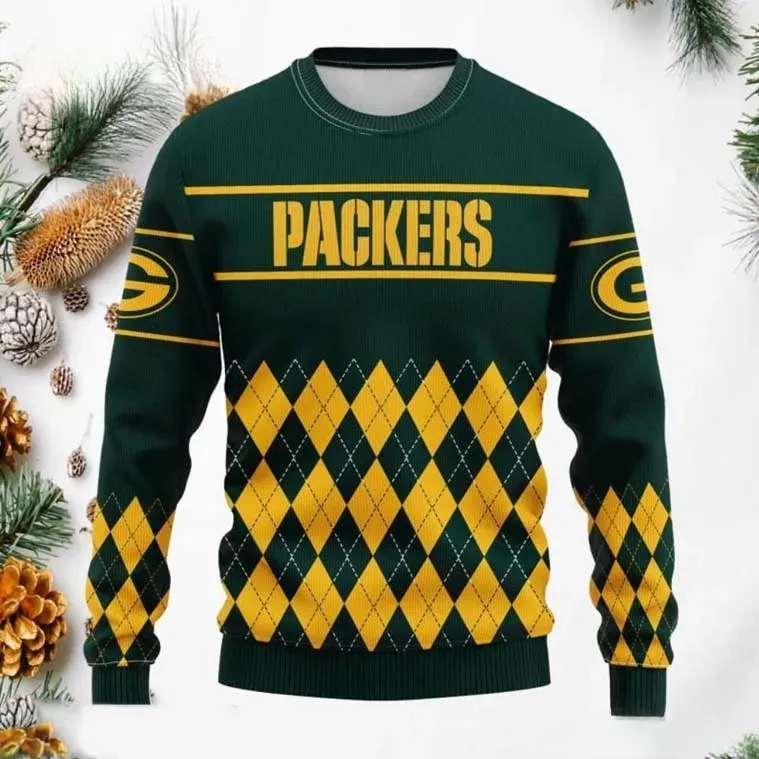 Green Bay Packers Ugly Christmas Sweater, Green and Gold Argyle NFL Football Holiday Sweater, Unisex All Over Print Xmas Sweatshirt