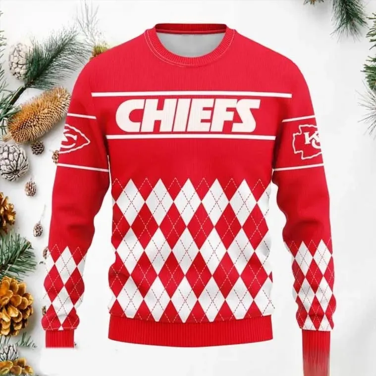 Kansas City Chiefs Ugly Christmas Sweater, NFL Football Fan Holiday Sweater, Argyle Unisex All Over Print Xmas Sweatshirt