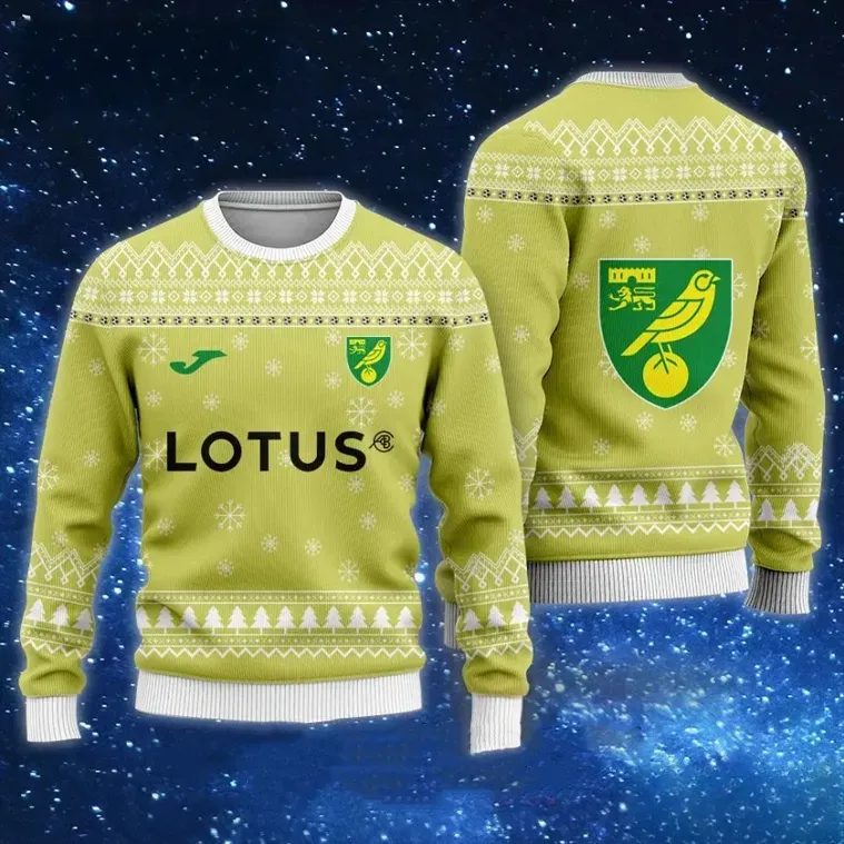 Norwich City Lotus Sponsor Ugly Christmas Sweater, Canaries Yellow Green Carrow Road Football Holiday Sweater, Soccer Fan Xmas Sweatshirt