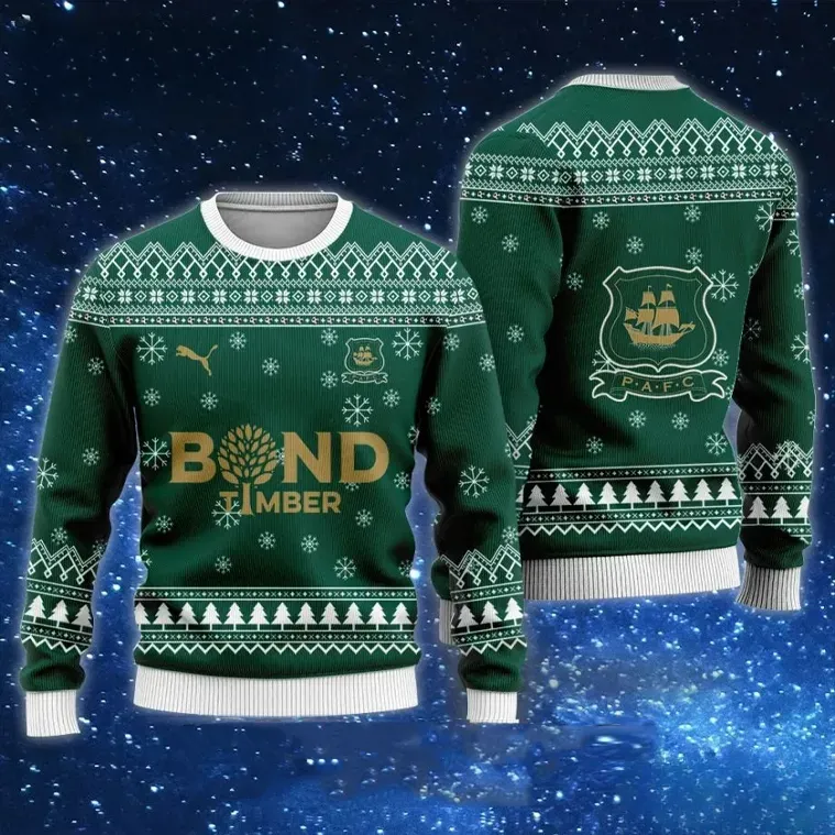 Plymouth Argyle Bond Timber Ugly Christmas Sweater, The Pilgrims Green Home Park Football Holiday Sweater, Soccer Fan Xmas Sweatshirt