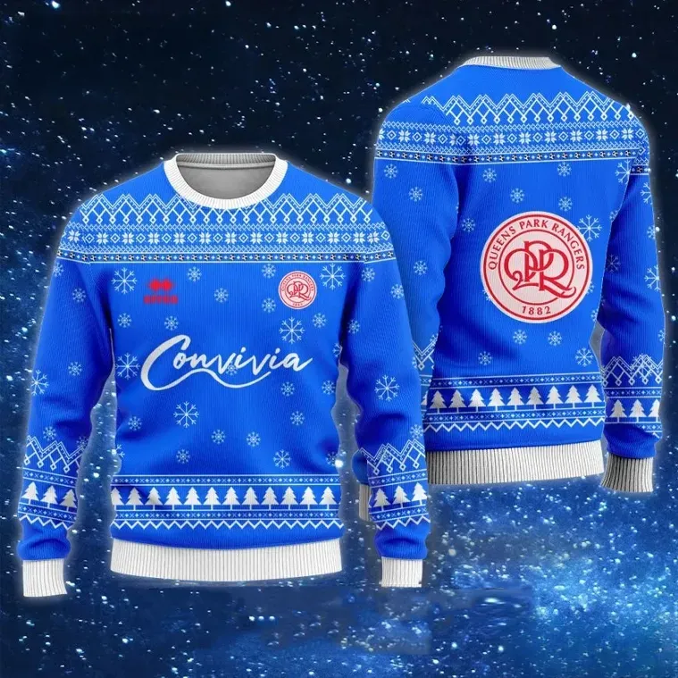 Queens Park Rangers QPR Convivia Ugly Christmas Sweater, Blue Hoops Loftus Road Football Holiday Sweater, Soccer Fan Xmas Sweatshirt