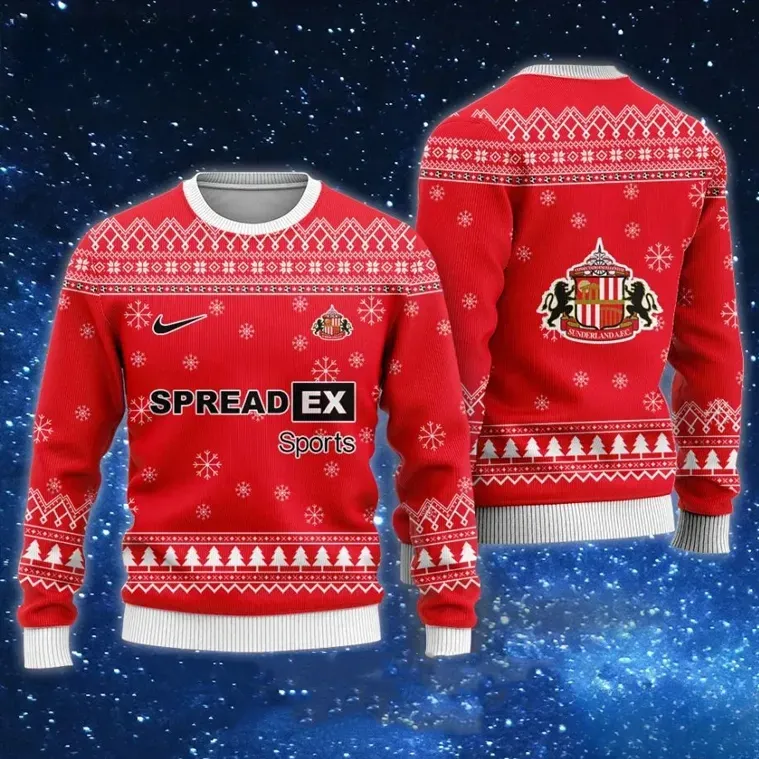 Sunderland AFC Spreadex Sports Ugly Christmas Sweater, Black Cats Red Stadium of Light Football Holiday Sweater, Soccer Fan Xmas Sweatshirt