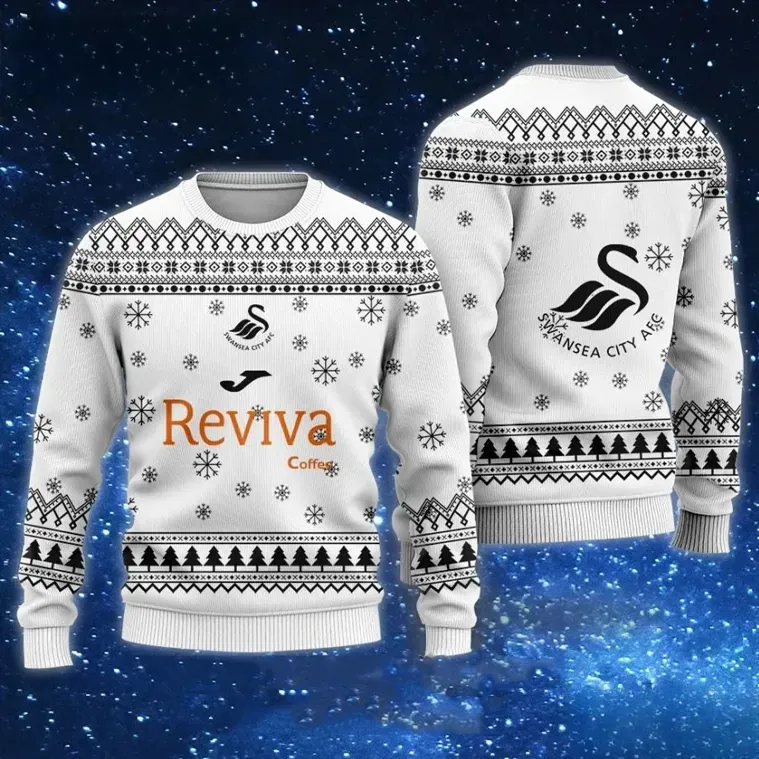 Swansea City AFC Reviva Coffee Ugly Christmas Sweater, The Swans White Football Holiday Sweater, Welsh Soccer Fan Xmas Sweatshirt