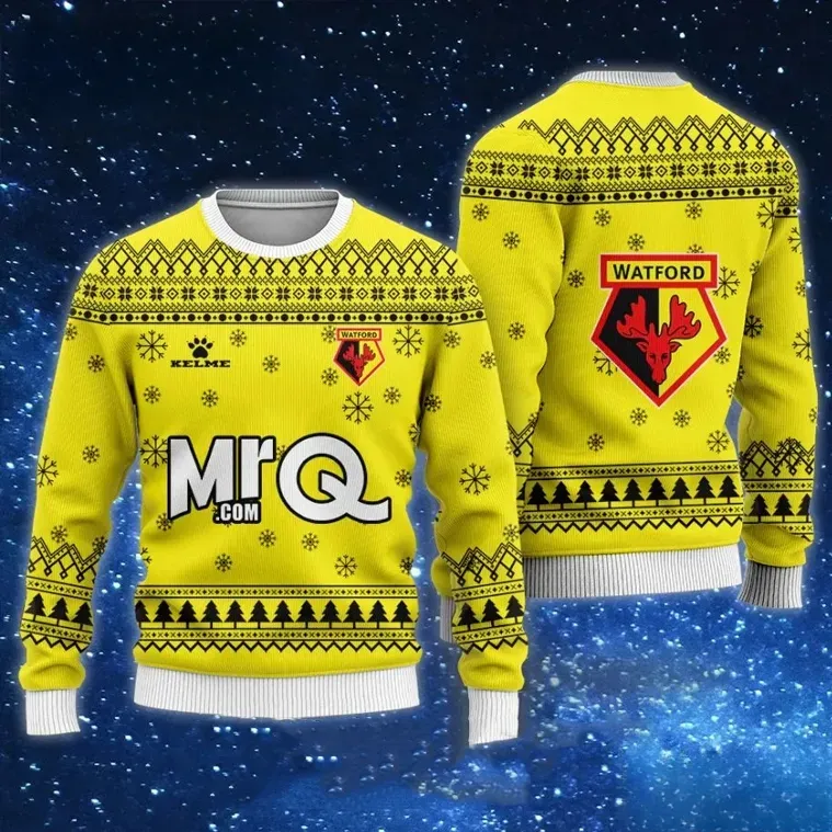 Watford FC MrQ Ugly Christmas Sweater, Hornets Yellow and Black Vicarage Road Football Holiday Sweater, Soccer Fan Xmas Sweatshirt
