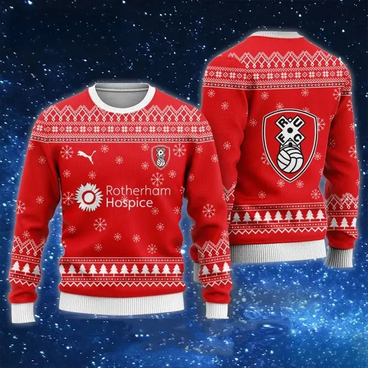 Rotherham United Rotherham Hospice Ugly Christmas Sweater, The Millers Red Football Holiday Sweater, Soccer Fan Xmas Sweatshirt