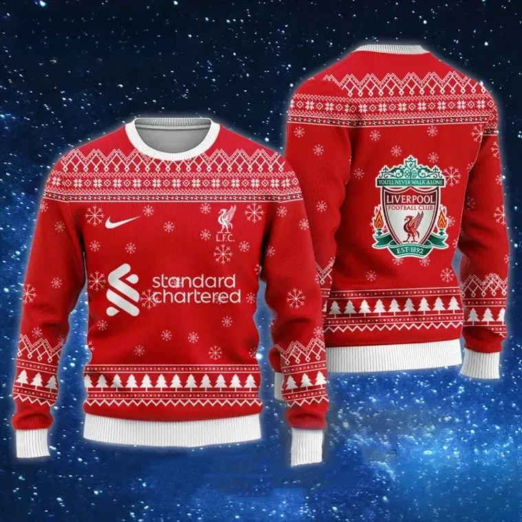 Liverpool FC Standard Chartered Ugly Christmas Sweater, Liverpool Football Club Soccer Holiday Sweater, Unisex Xmas Sweatshirt