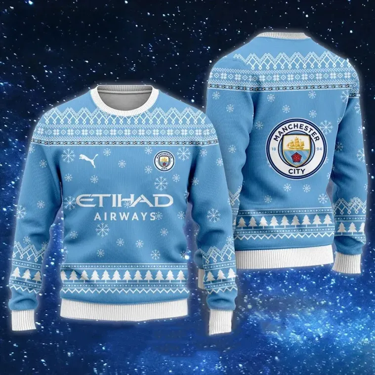 Manchester City Etihad Airways Ugly Christmas Sweater, Sky Blue Citizens Football Holiday Sweater, Premier League Soccer Fan Xmas Sweatshirt