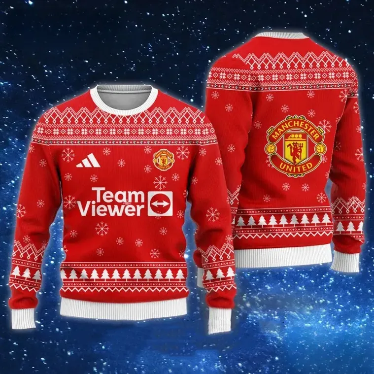 Manchester United TeamViewer Ugly Christmas Sweater, Man Utd Football Holiday Sweater, Unisex All Over Print Xmas Sweatshirt