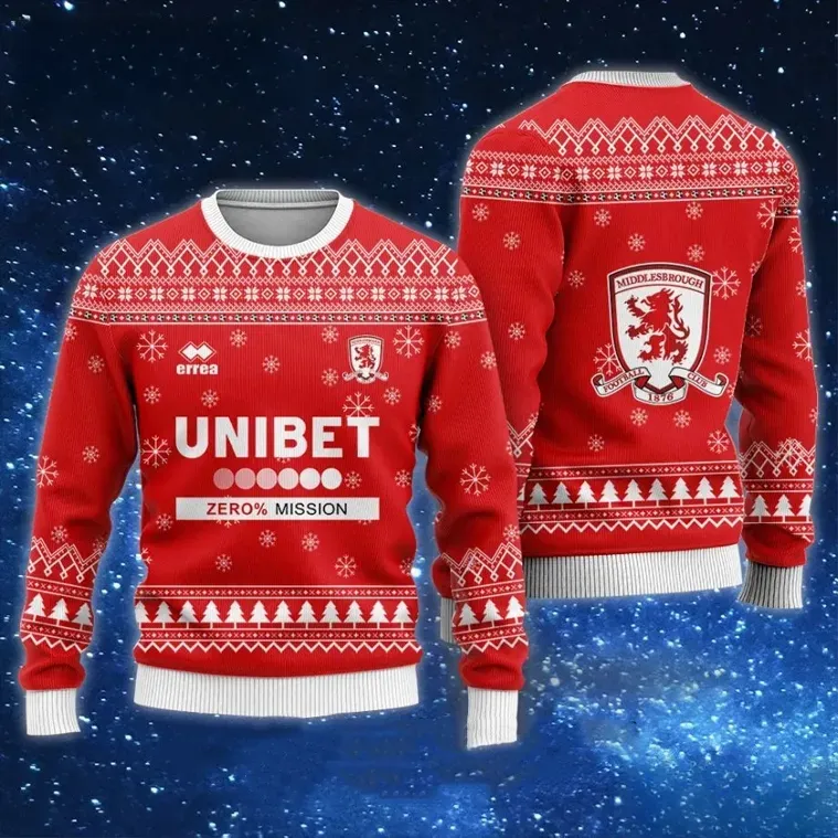 Middlesbrough FC Unibet Ugly Christmas Sweater, Boro Red Riverside Stadium Football Holiday Sweater, Soccer Fan Xmas Sweatshirt