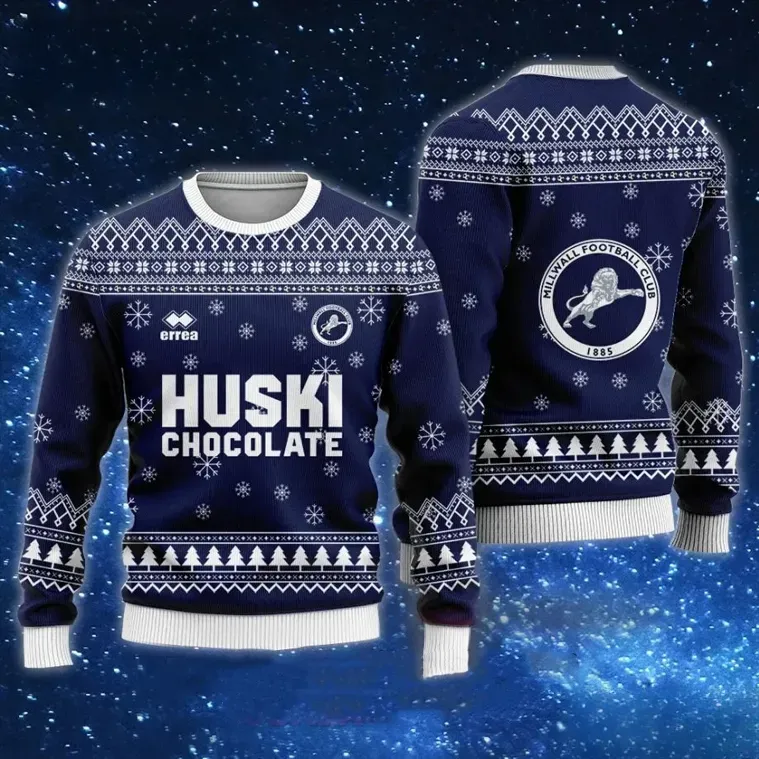 Millwall FC Huski Chocolate Ugly Christmas Sweater, The Lions Navy Den Football Holiday Sweater, Soccer Supporter Xmas Sweatshirt