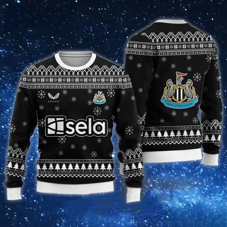 Newcastle United Sela Ugly Christmas Sweater, Magpies Black and White St James Park Football Holiday Sweater, Soccer Fan Xmas Sweatshirt