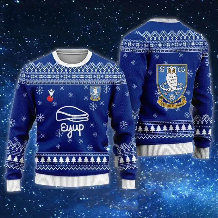 Sheffield Wednesday Eyup Ugly Christmas Sweater, The Owls Blue Hillsborough Football Holiday Sweater, Soccer Fan Xmas Sweatshirt