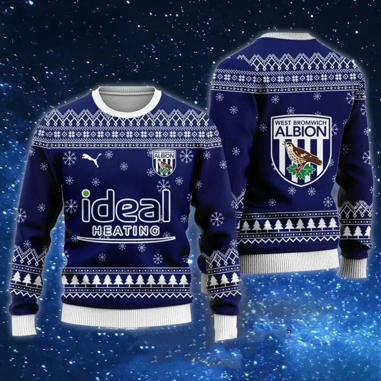 West Bromwich Albion FC Ideal Heating Ugly Christmas Sweater, Baggies Navy Throstle Crest Football Holiday Sweater, Soccer Xmas Sweatshirt
