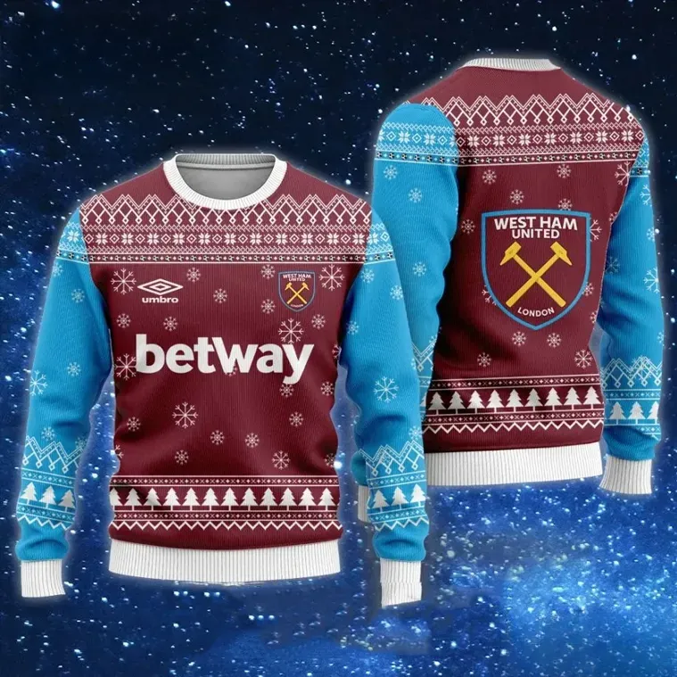 West Ham United Betway Ugly Christmas Sweater, Claret and Blue Hammers Irons Football Holiday Sweater, Soccer Fan Xmas Sweatshirt