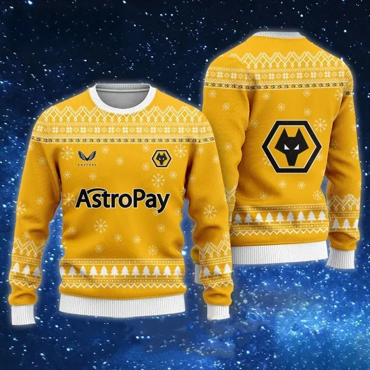 Wolverhampton Wanderers Wolves Astropay Ugly Christmas Sweater, Gold Molineux Football Holiday Sweater, Soccer Fan Xmas Sweatshirt
