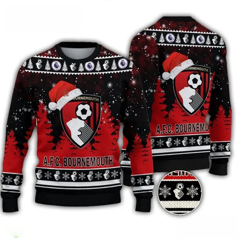 AFC Bournemouth Santa Hat Ugly Christmas Sweater, The Cherries Red and Black Football Holiday Sweater, Premier League Soccer Fan Xmas Top
