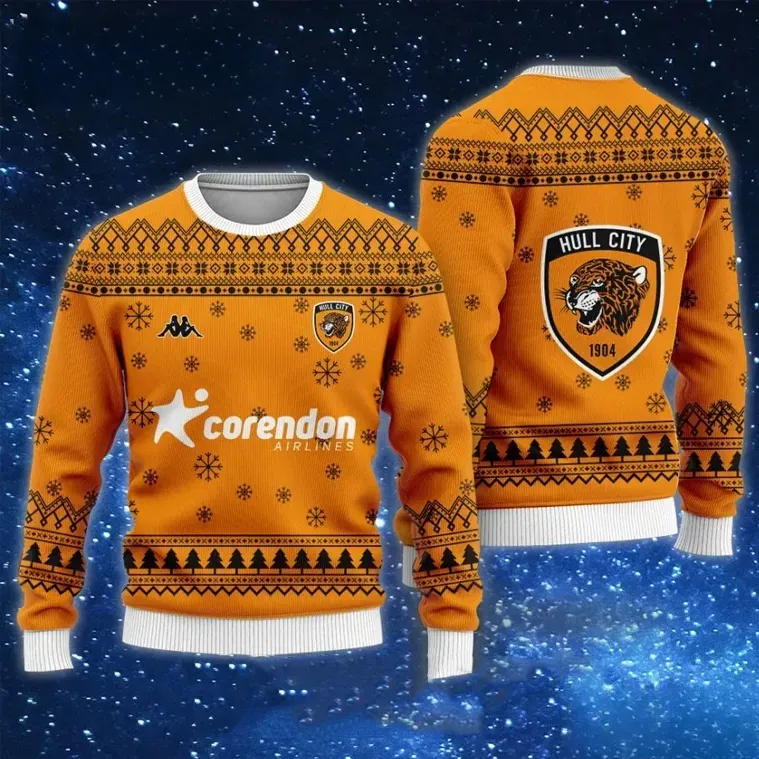 Hull City AFC Corendon Airlines Ugly Christmas Sweater, The Tigers Amber and Black Football Holiday Sweater, Soccer Fan Xmas Sweatshirt