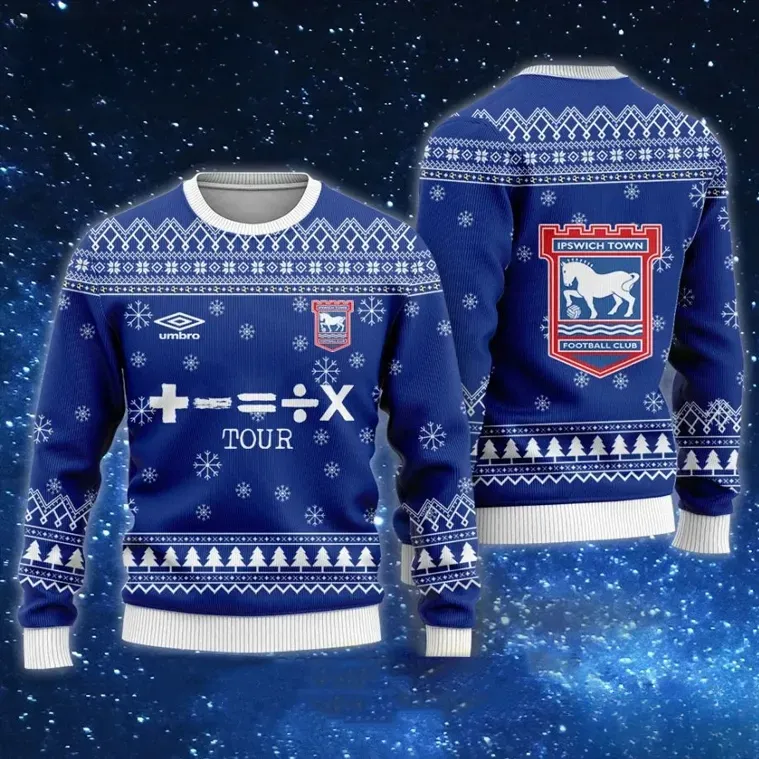 Ipswich Town Ed Sheeran The Mathematics Tour Ugly Christmas Sweater, Plus Minus Equals Divide Multiply Tractor Boys Football Holiday Sweater