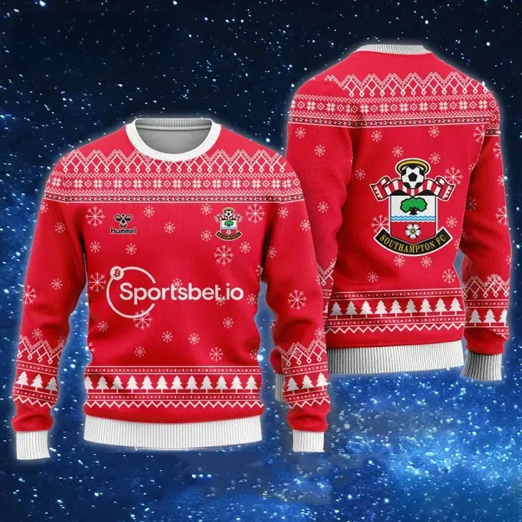 Southampton FC Sportsbet Ugly Christmas Sweater, The Saints Red Football Holiday Sweater, St Mary's Soccer Fan Xmas Sweatshirt
