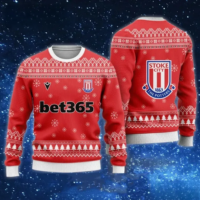 Stoke City FC Bet365 Ugly Christmas Sweater, The Potters Red Football Holiday Sweater, English Soccer Club Crest Xmas Sweatshirt
