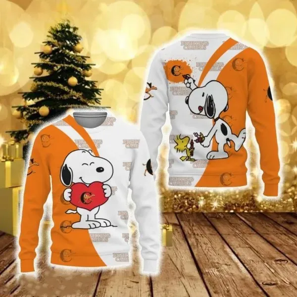 Campbell Fighting Camels Snoopy Ugly Sweater, Orange and White Christmas Sweater with Woodstock, College Football Fan Holiday Xmas Jumper
