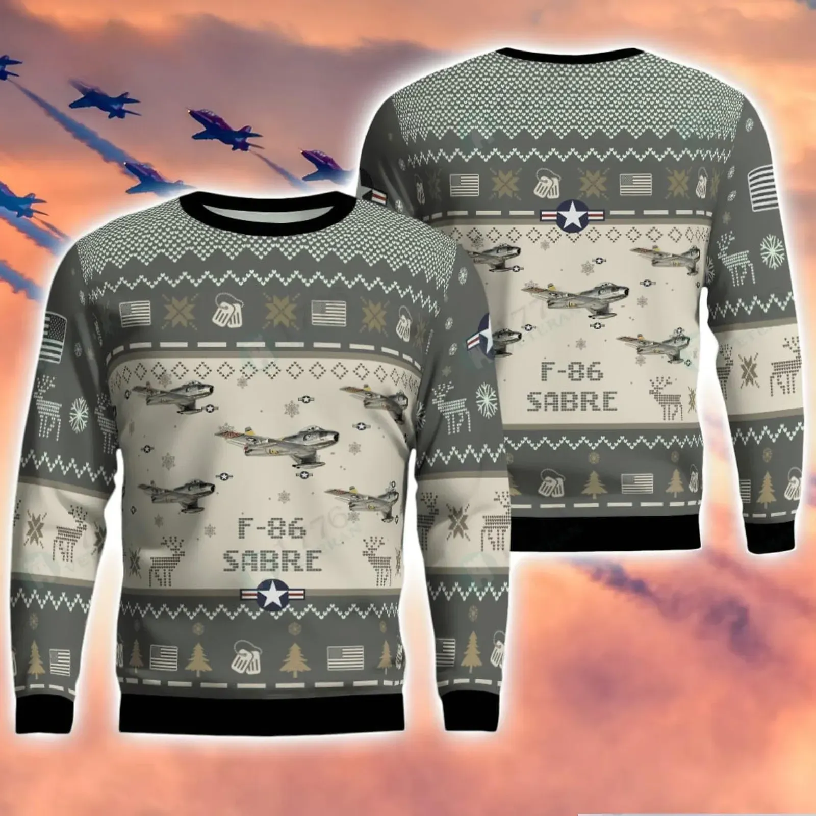 F86 Sabre Jet Fighter Aircraft Ugly Christmas Sweater, US Flags and Reindeer Aviation Holiday Sweatshirt, Pilot and Air Force Fan Xmas Sweater