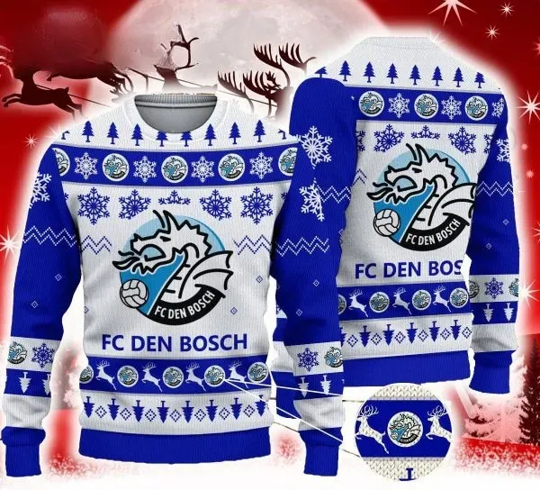 FC Den Bosch Ugly Christmas Sweater, Blue and White Dutch Football Club Holiday Sweater, Dragon Crest Xmas Sweatshirt for Supporters