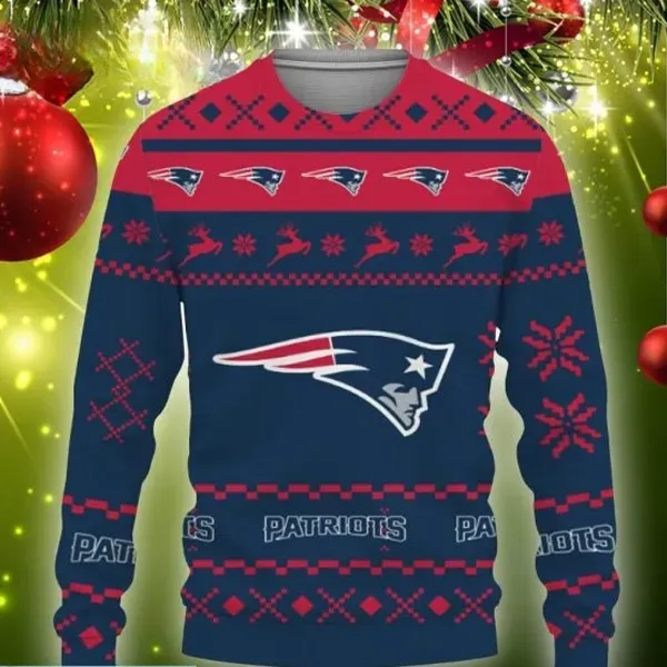 New England Patriots Logo Ugly Christmas Sweater, Navy and Red NFL Football Holiday Sweater, Patriots Fan Flying Elvis Xmas Knit Sweatshirt