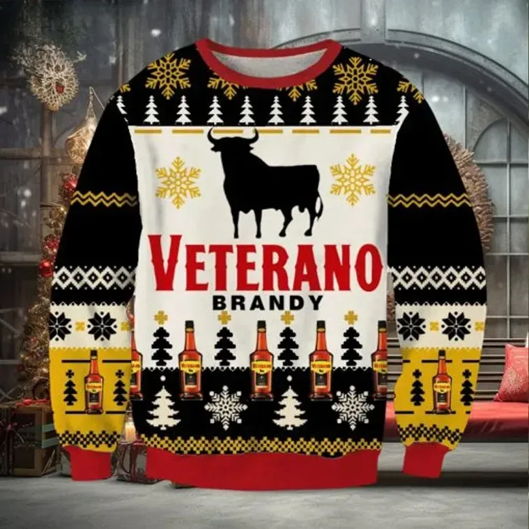 Veterano Brandy Osborne Ugly Christmas Sweater, Spanish Bull Liquor Lover Holiday Sweater, Unisex Black and Gold Xmas Party Sweatshirt