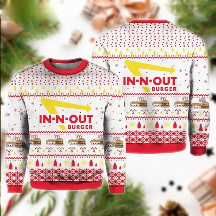 In N Out Burger Ugly Christmas Sweater, Funny Fast Food Holiday Sweater, Unisex All Over Print Xmas Sweatshirt for Burger Lovers