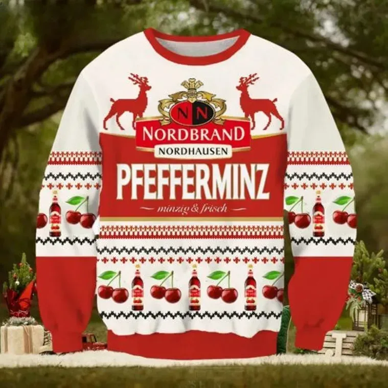 Nordbrand Pfeffi Ugly Christmas Sweater, Nordhausen Pfefferminz Peppermint Schnapps Holiday Sweater, Unisex Xmas Sweatshirt for Liquor Lovers