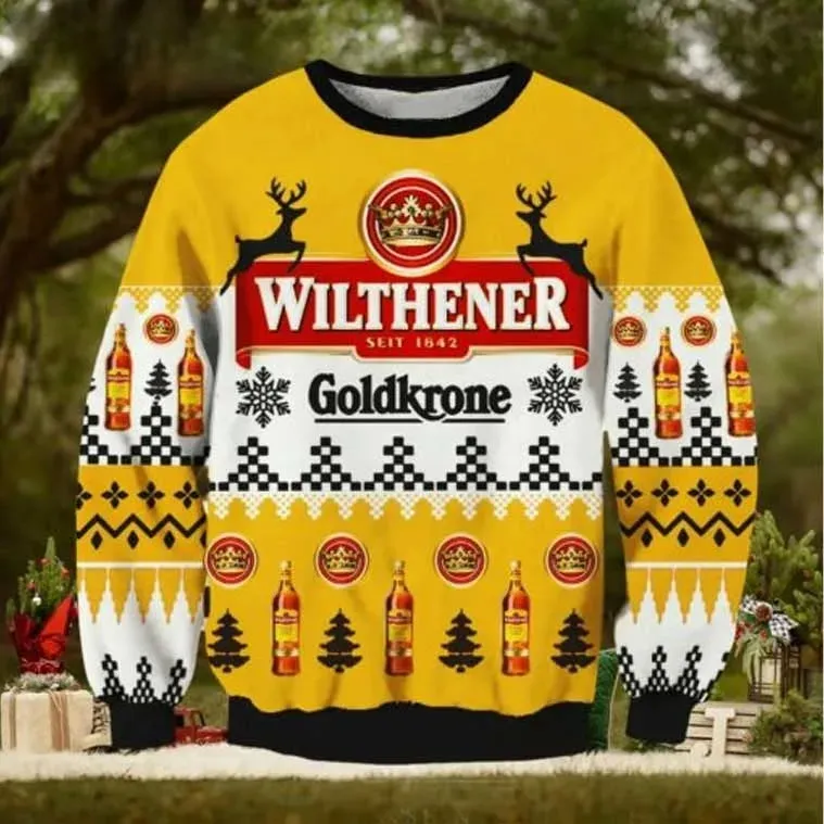 Wilthener Goldkrone Christmas Ugly Sweater, Funny Liquor Lover Holiday Sweater, Unisex All Over Print Xmas Party Sweatshirt