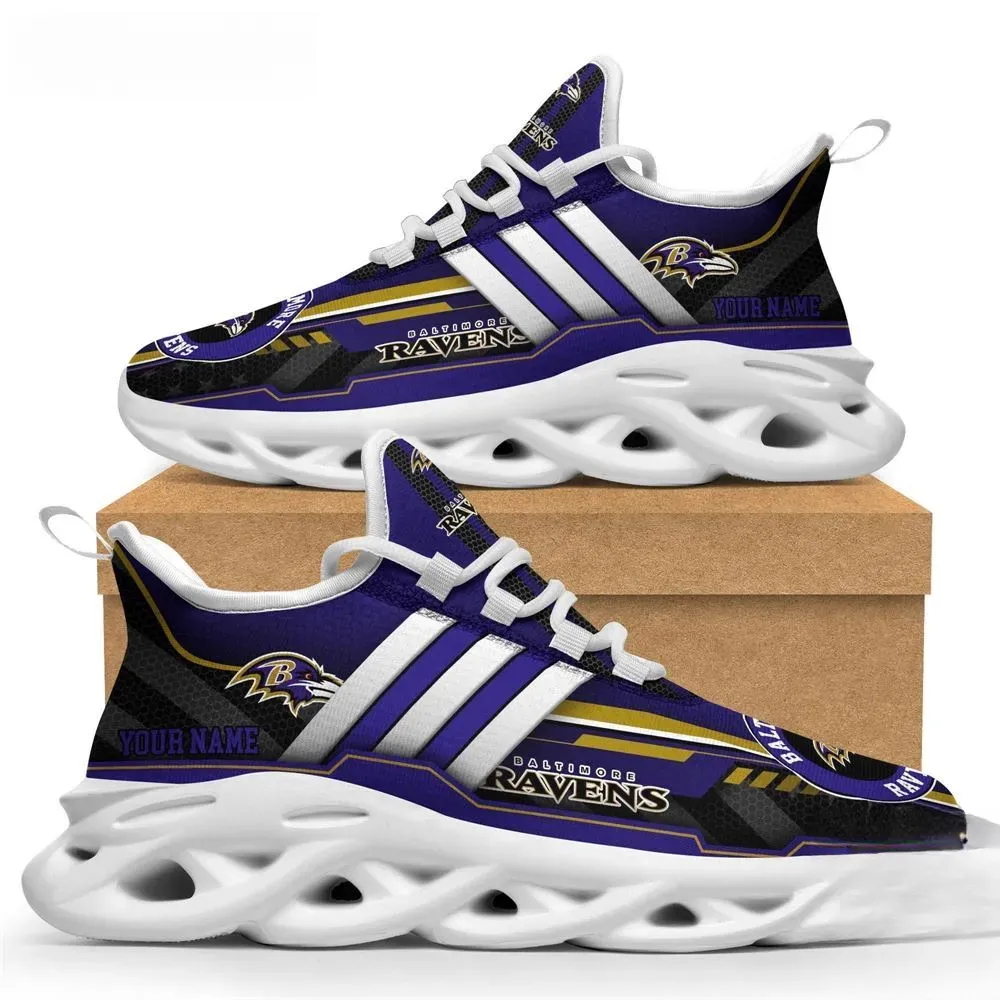 Personalized NFL Baltimore Ravens Max Soul Shoes, Custom Name Purple and Gold Sneakers, Ravens Football Fan Running Shoes, Gift for Ravens Fans