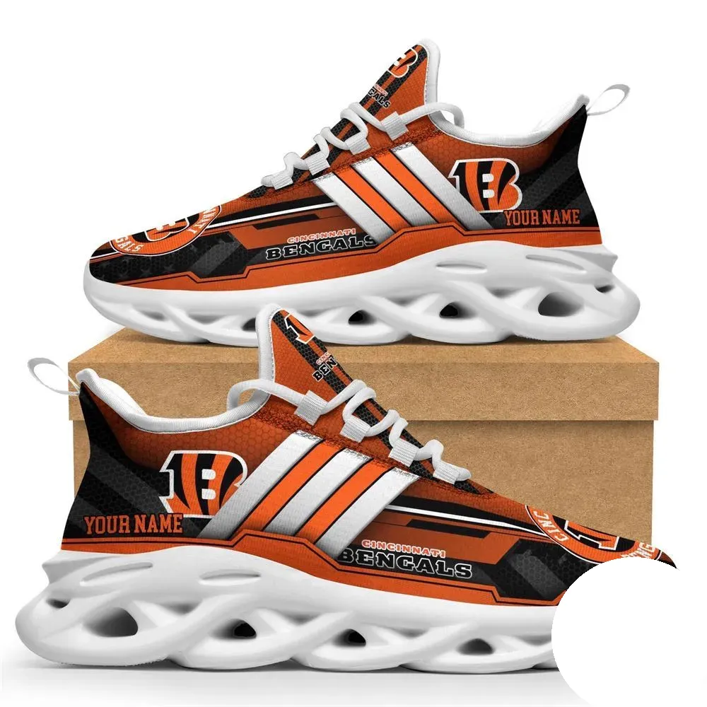 Personalized NFL Cincinnati Bengals Sneaker Max Soul Shoes, Custom Name Orange and Black Striped Lace-Up Trainers, Football Fan Gift